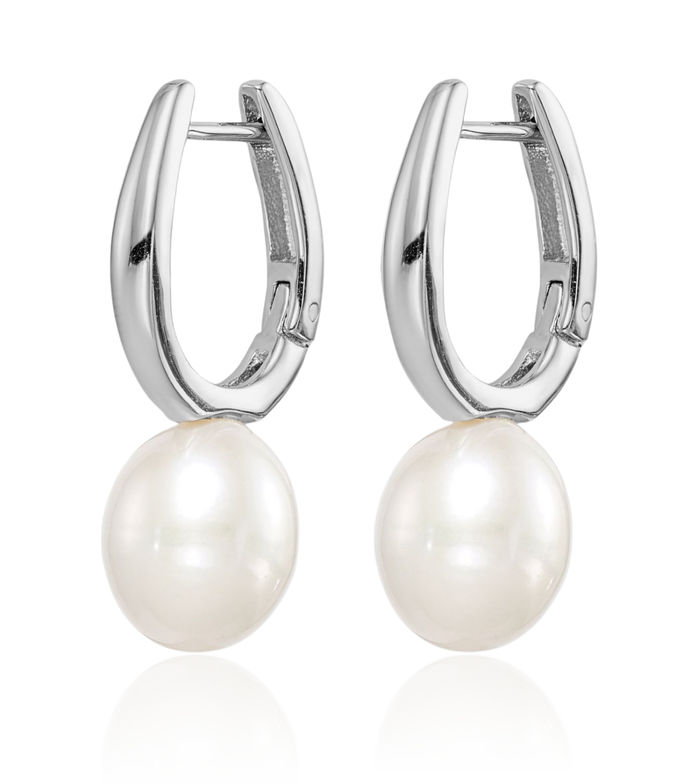 925 Sterling Silver 7mm White Rice Freshwater Cultured Pearl Medium Hoop Drop Dangle Earrings