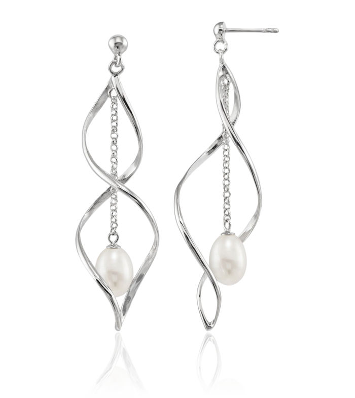 925 Sterling Silver 7mm White Rice Freshwater Cultured Pearl Post Drop Dangle Earrings