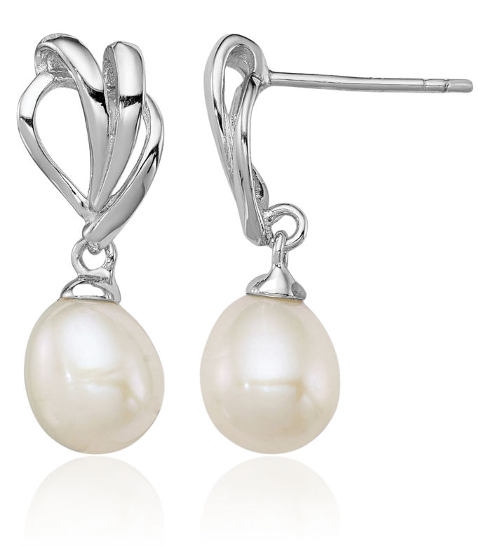 925 Sterling Silver 7mm White Rice Freshwater Cultured Pearl Post Drop Dangle Earrings