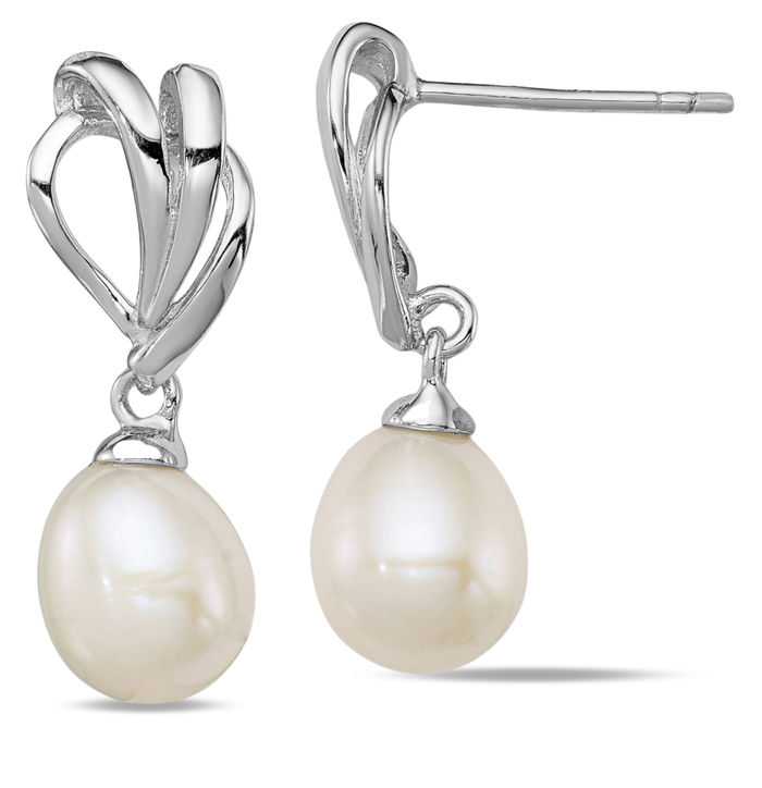 925 Sterling Silver 7mm White Rice Freshwater Cultured Pearl Post Drop Dangle Earrings