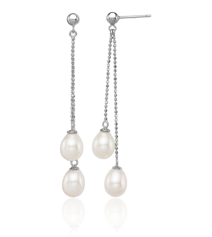 925 Sterling Silver 7mm White Rice Freshwater Cultured Pearl Post Drop Dangle Earrings