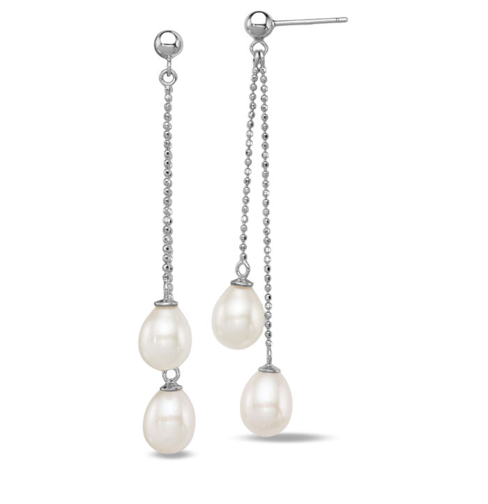 925 Sterling Silver 7mm White Rice Freshwater Cultured Pearl Post Drop Dangle Earrings