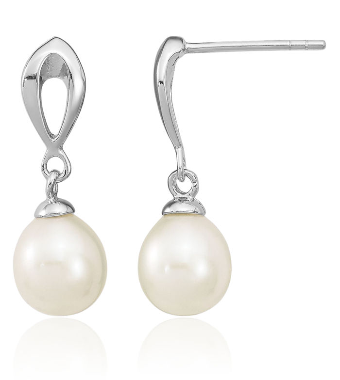 925 Sterling Silver 7mm White Rice Freshwater Cultured Pearl Post Drop Dangle Earrings