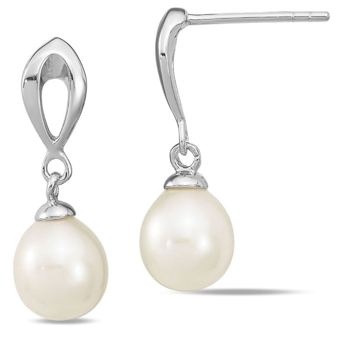 925 Sterling Silver 7mm White Rice Freshwater Cultured Pearl Post Drop Dangle Earrings