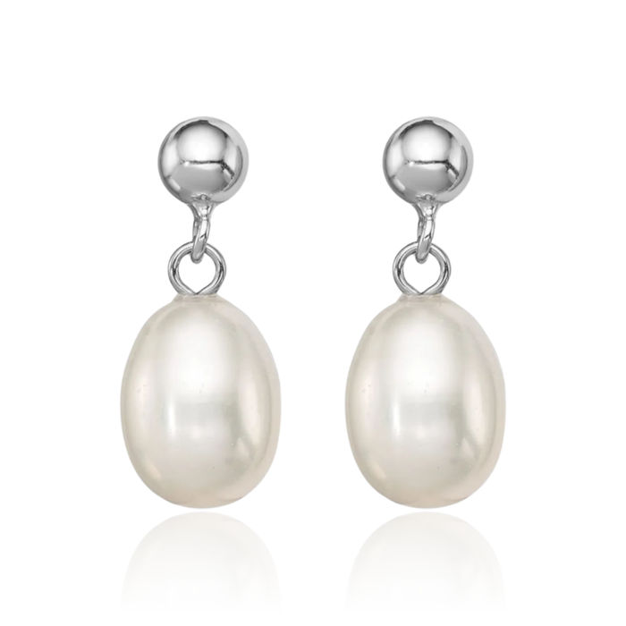 925 Sterling Silver 7mm White Rice Freshwater Cultured Pearl Post Drop Dangle Earrings