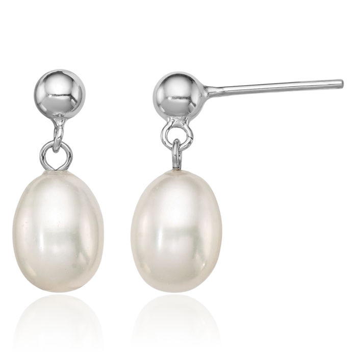 925 Sterling Silver 7mm White Rice Freshwater Cultured Pearl Post Drop Dangle Earrings