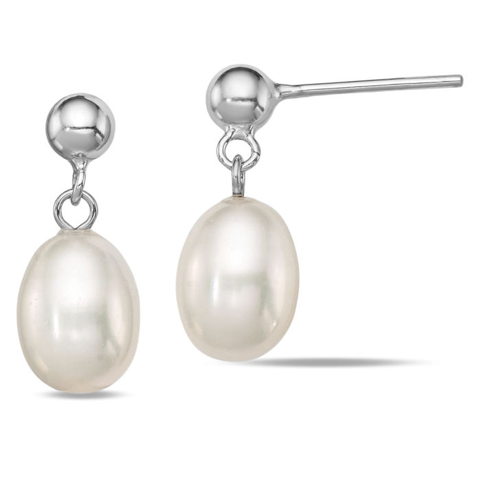 925 Sterling Silver 7mm White Rice Freshwater Cultured Pearl Post Drop Dangle Earrings