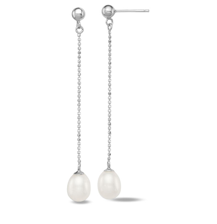 925 Sterling Silver 7mm White Rice Freshwater Cultured Pearl Post Drop Dangle Earrings