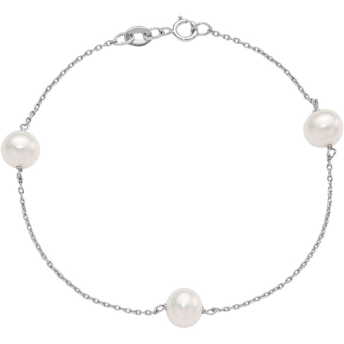 925 Sterling Silver 7mm White Round Freshwater Cultured Pearl 3 Station Chain Bracelet