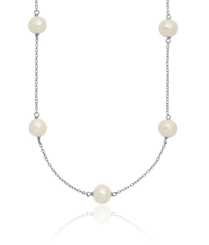 925 Sterling Silver 7mm White Near Round Freshwater Cultured Pearl 9 Station Necklace Chain