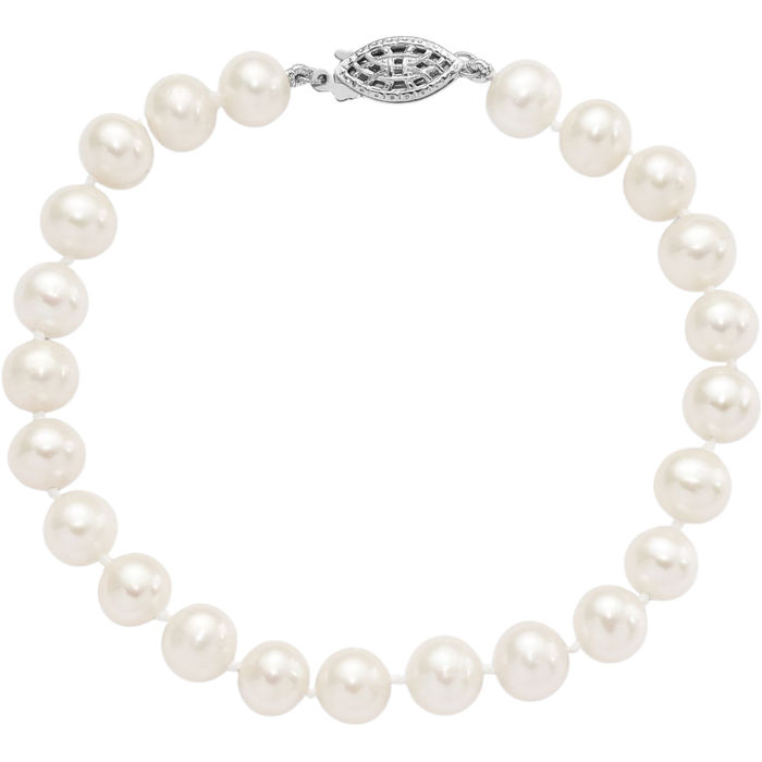 925 Sterling Silver 7mm White Near Round Freshwater Cultured Pearl Chain Bracelet