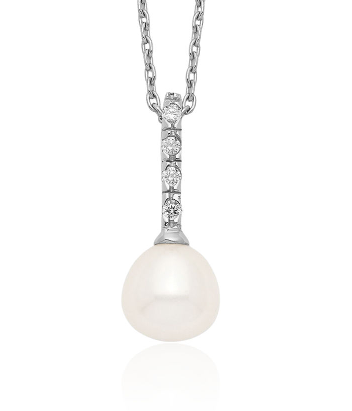 925 Sterling Silver 7mm White Teardrop Freshwater Cultured Pearl Cubic Zirconia CZ Necklace Chain