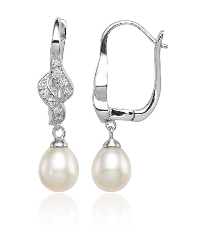 925 Sterling Silver 7mm White Teardrop Freshwater Cultured Pearl Cubic Zirconia CZ Drop Dangle Earrings