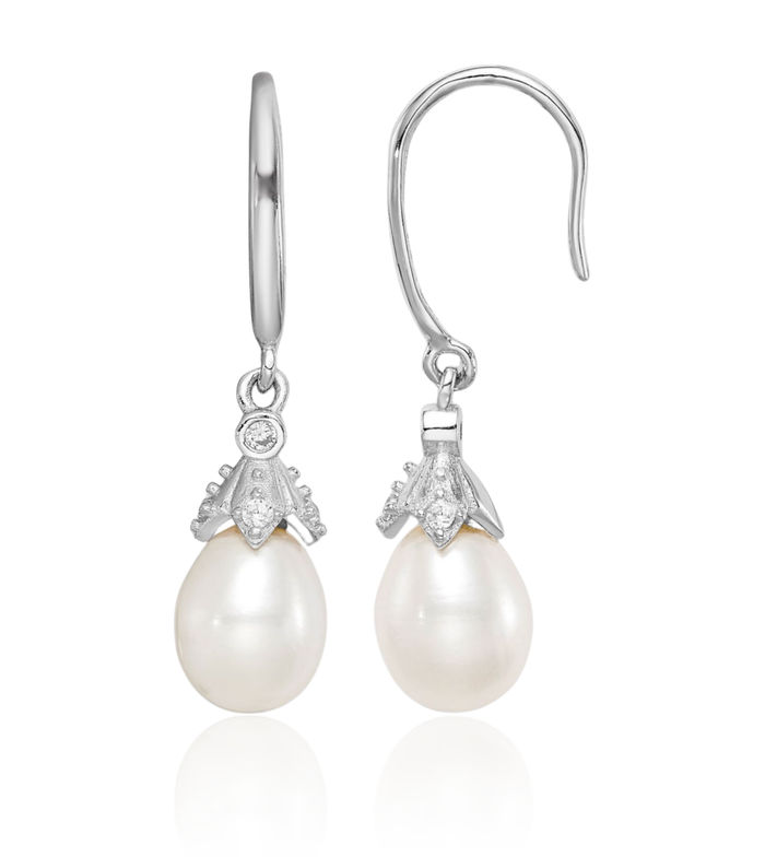 925 Sterling Silver 7mm White Teardrop Freshwater Cultured Pearl Cubic Zirconia CZ Drop Dangle Earrings