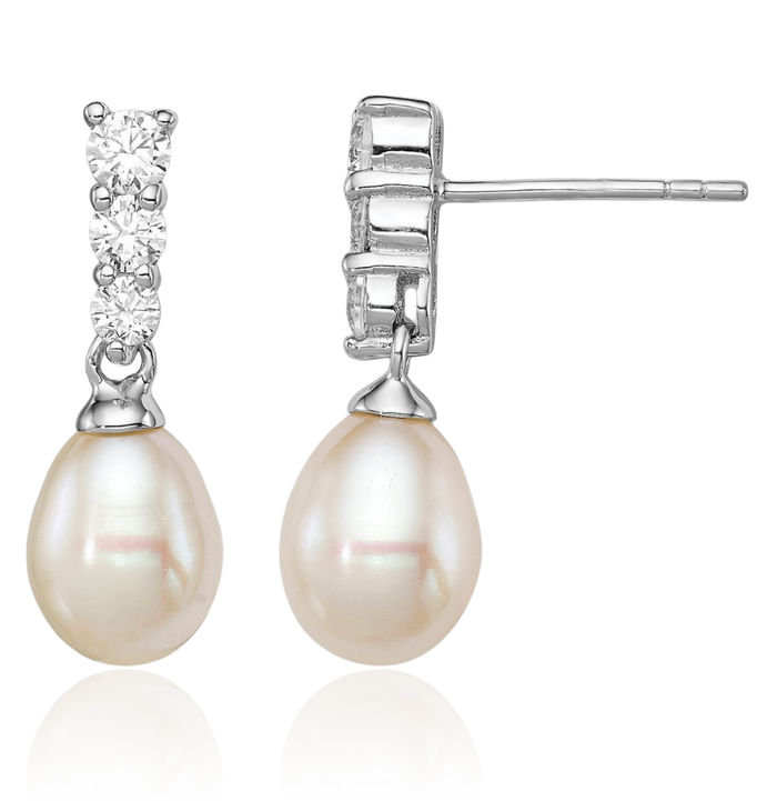 925 Sterling Silver 7mm White Teardrop Freshwater Cultured Pearl Cubic Zirconia CZ Post Drop Dangle Earrings