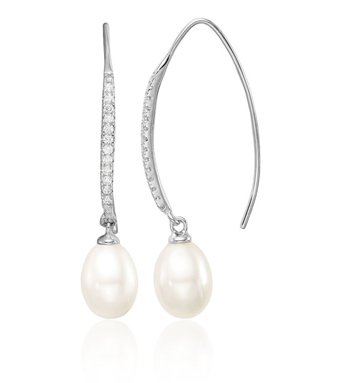 925 Sterling Silver 7mm White Teardrop Freshwater Cultured Pearl Cubic Zirconia CZ Threader Drop Dangle Earrings