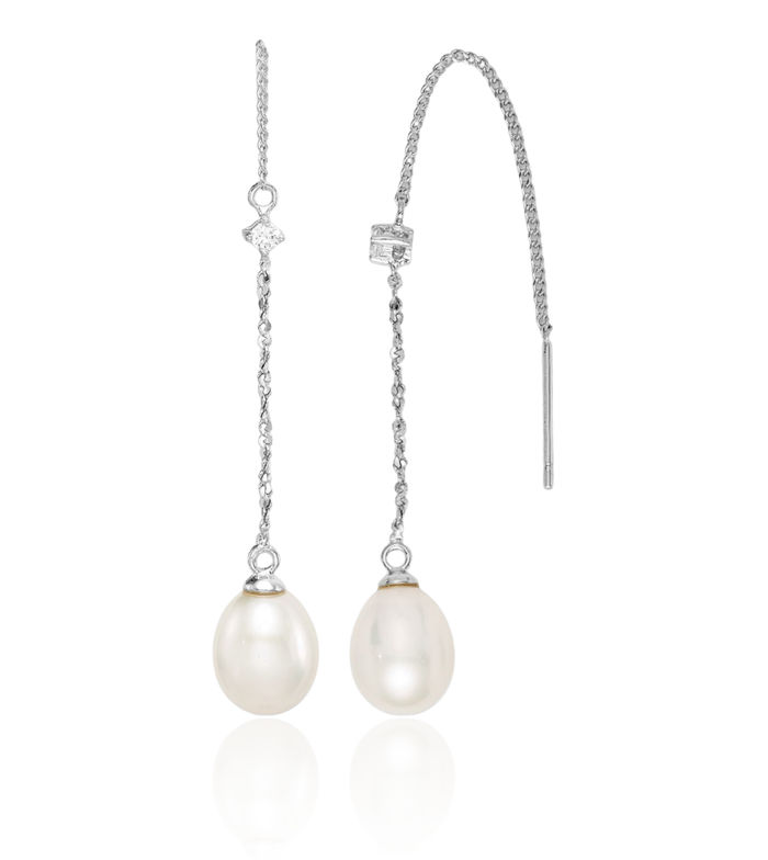 925 Sterling Silver 7mm White Teardrop Freshwater Cultured Pearl Cubic Zirconia CZ Threader Drop Dangle Earrings