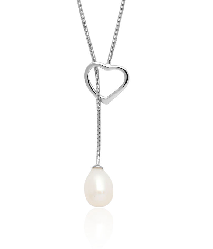925 Sterling Silver 7mm White Teardrop Freshwater Cultured Pearl Heart Necklace Love Pendant Friendship Charm Chain