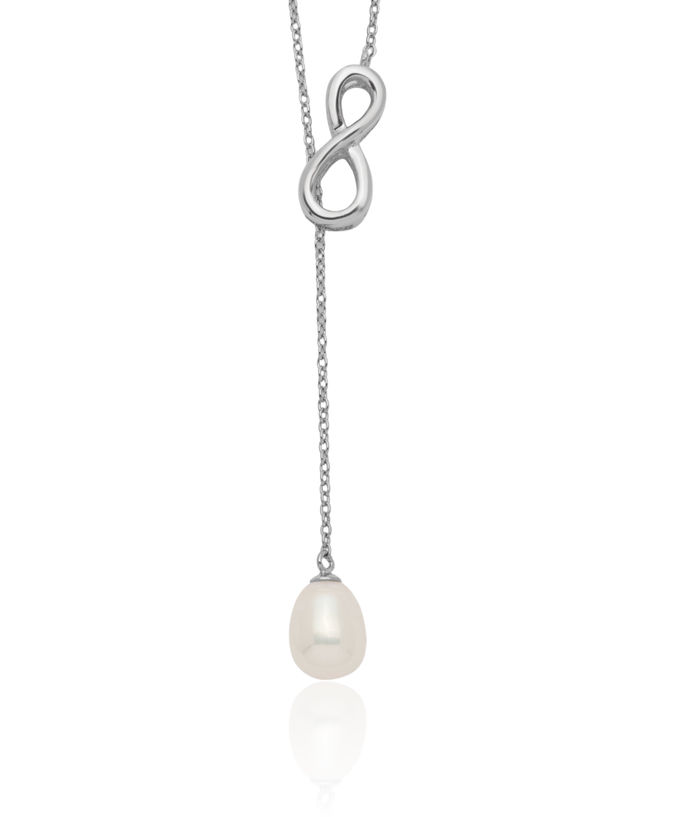 925 Sterling Silver 7mm White Teardrop Freshwater Cultured Pearl Infinity Twisted Love Knot Symbol Lariat Drop Necklace Chain