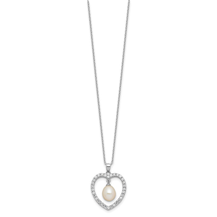 925 Sterling Silver 8mm White Teardrop Freshwater Cultured Pearl Cubic Zirconia CZ Heart Necklace Love Pendant Friendship Charm Chain