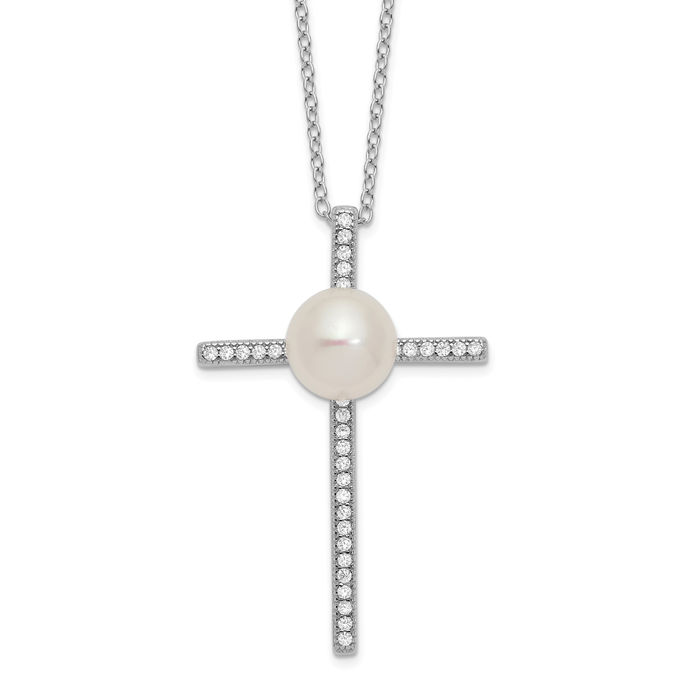 925 Sterling Silver 8mm Button Freshwater Cultured Pearl Cubic Zirconia CZ Holy Cross Chain Necklace