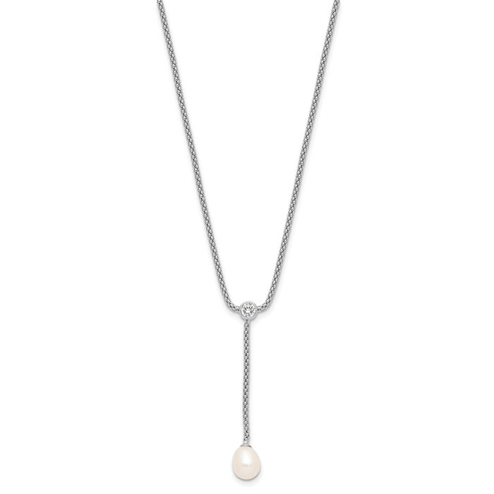 925 Sterling Silver 8mm Teardrop Freshwater Cultured Pearl Cubic Zirconia CZ Drop Dangling Necklace Chain