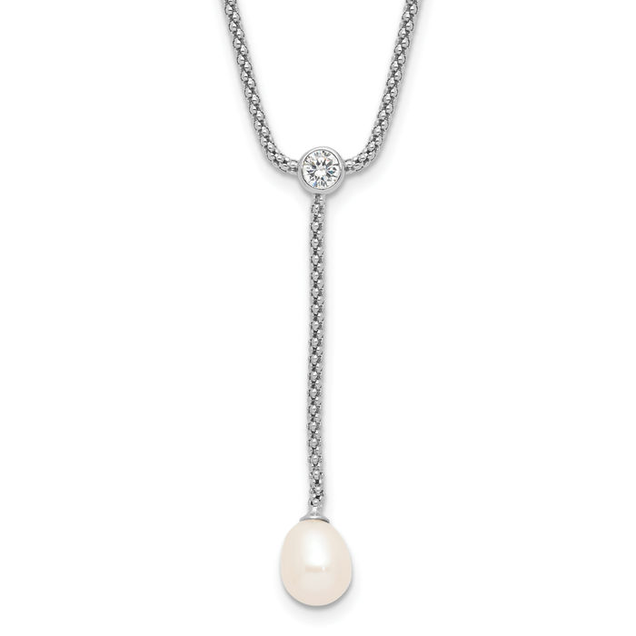 925 Sterling Silver 8mm Teardrop Freshwater Cultured Pearl Cubic Zirconia CZ Drop Dangling Necklace Chain