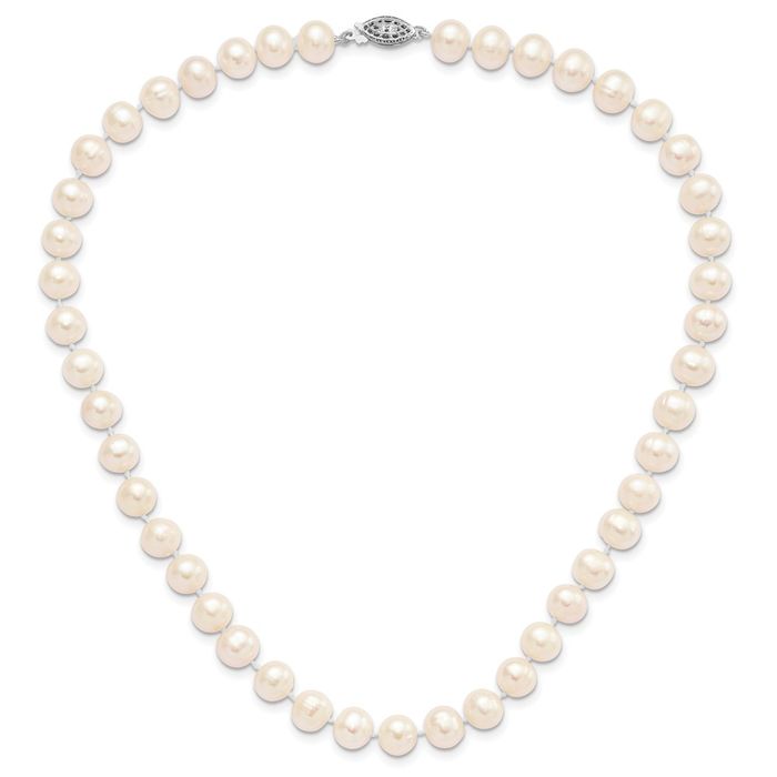 925 Sterling Silver 8mm White Near Round Freshwater Cultured Pearl Necklace Chain