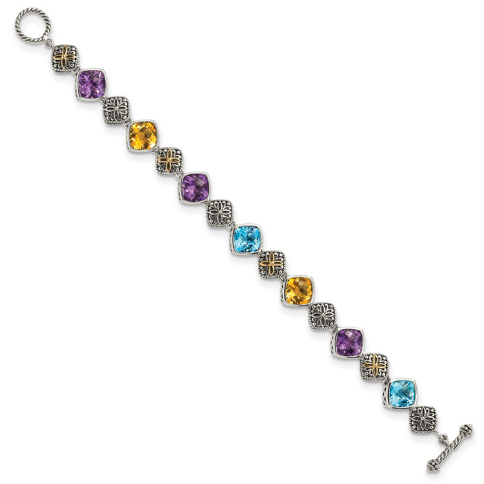 925 Sterling Silver Vintage Cushion-Cut Purple Amethyst Swiss Blue Topaz Yellow Orange Citrine Chain Gemstone Tennis Bracelet