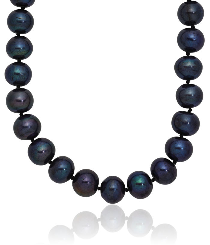 925 Sterling Silver 8mm Black Near Round Freshwater Cultured Pearl Necklace Chain