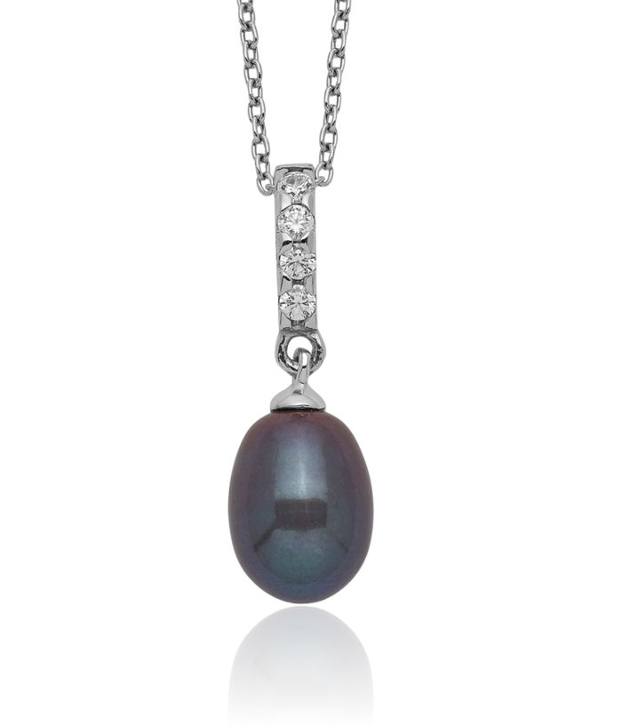 925 Sterling Silver 8mm Black Teardrop Freshwater Cultured Pearl Cubic Zirconia CZ Necklace Chain