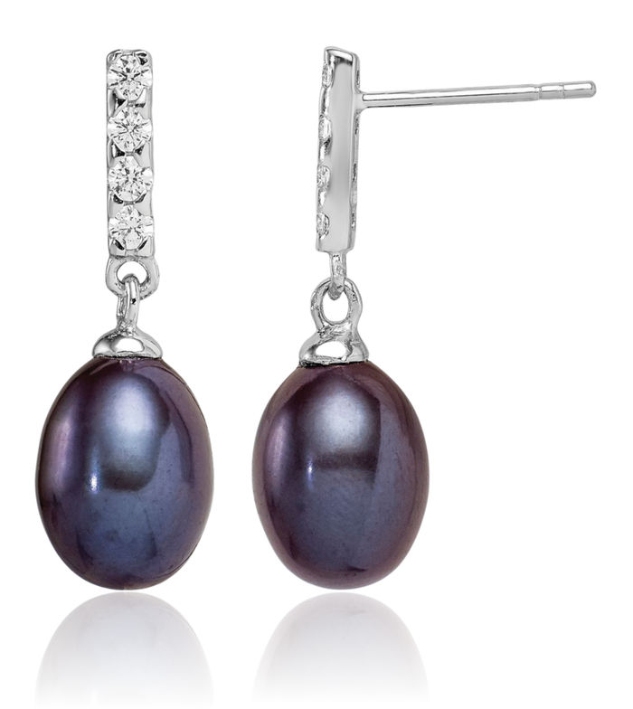 925 Sterling Silver 8mm Black Teardrop Freshwater Cultured Pearl Cubic Zirconia CZ Post Drop Dangle Earrings