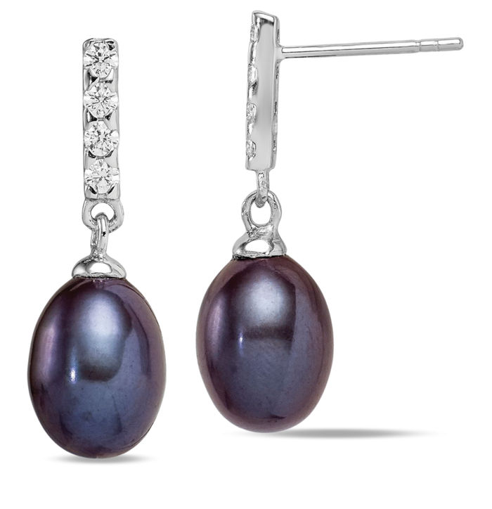 925 Sterling Silver 8mm Black Teardrop Freshwater Cultured Pearl Cubic Zirconia CZ Post Drop Dangle Earrings