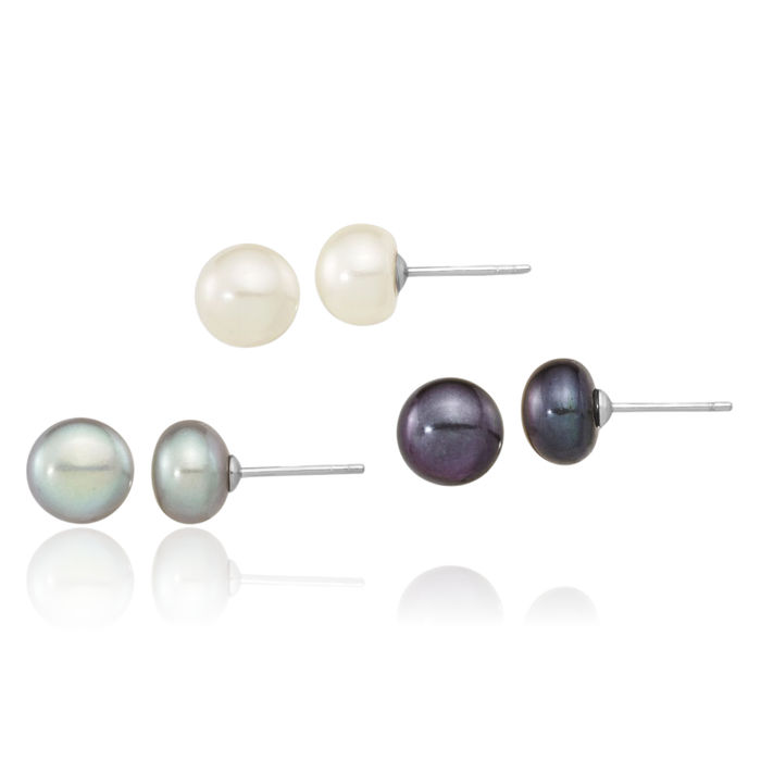 925 Sterling Silver 8mm Black White Grey Button Freshwater Cultured Pearl Set of 3 Stud Earrings