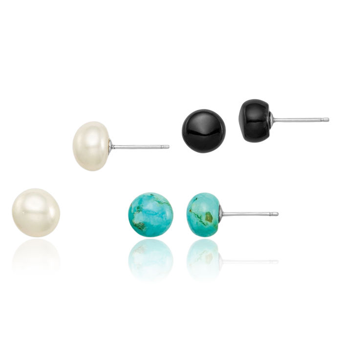 925 Sterling Silver 8mm Button Freshwater Cultured Pearl Black Agate Set