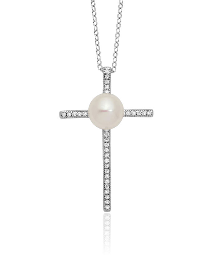 925 Sterling Silver 8mm Button Freshwater Cultured Pearl Cubic Zirconia CZ Holy Cross Chain Necklace