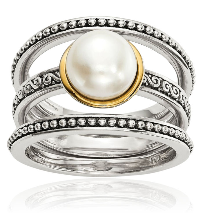 925 Sterling Silver Vintage 8mm Button Freshwater Cultured Pearl Set of 3 Stacking Rings