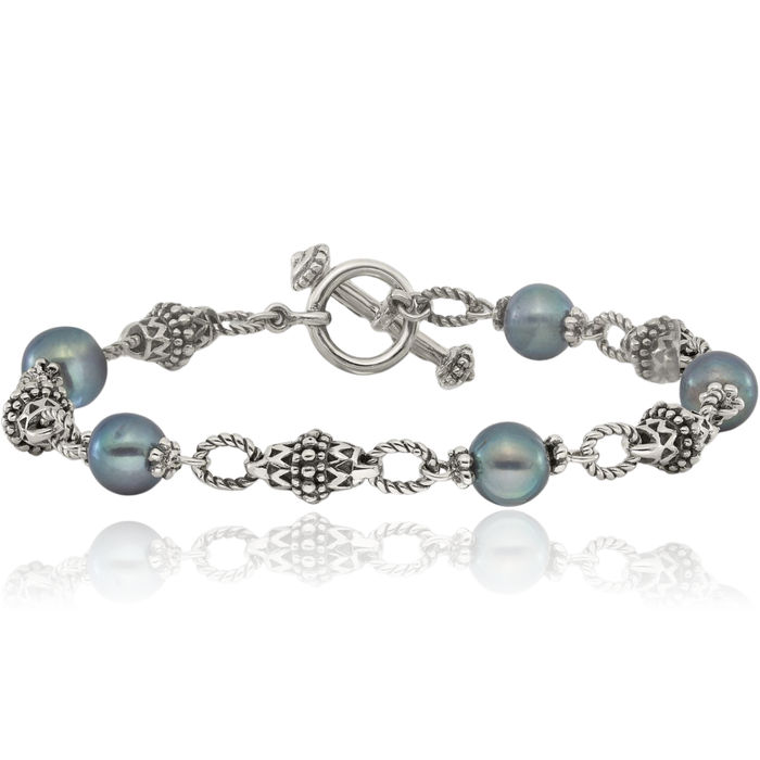 925 Sterling Silver Vintage 8mm Freshwater Cultured Black Pearl Chain Bracelet Toggle Clasp
