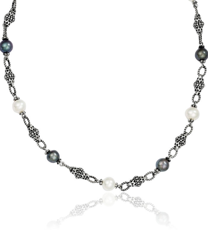 925 Sterling Silver Vintage 8mm Freshwater Cultured Black White Pearl Chain Necklace