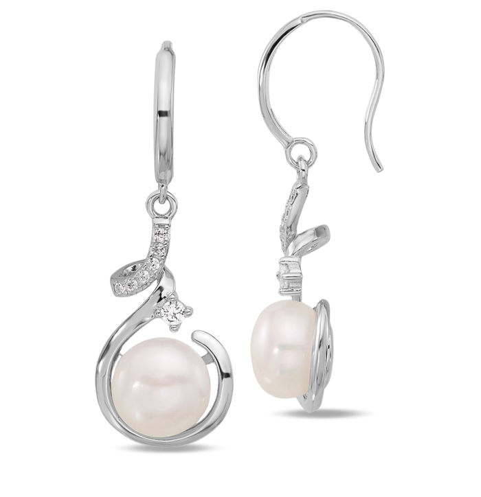 925 Sterling Silver 8mm Freshwater Cultured Pearl Cubic Zirconia CZ Drop Dangle Earrings