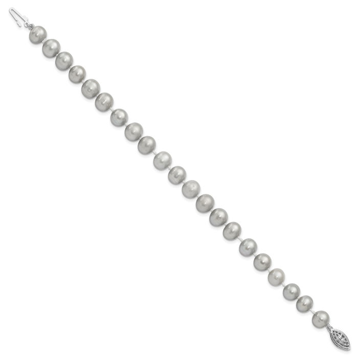 925 Sterling Silver 7mm Grey Near Round Freshwater Cultured Pearl Chain Bracelet