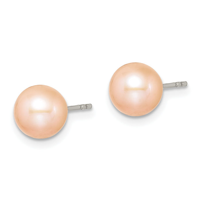 925 Sterling Silver 7mm Pink Round Freshwater Cultured Pearl Stud Earrings