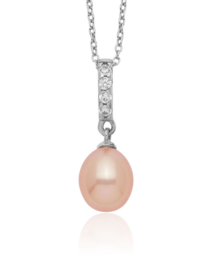 925 Sterling Silver 8mm Pink Teardrop Freshwater Cultured Pearl Cubic Zirconia CZ Necklace Chain