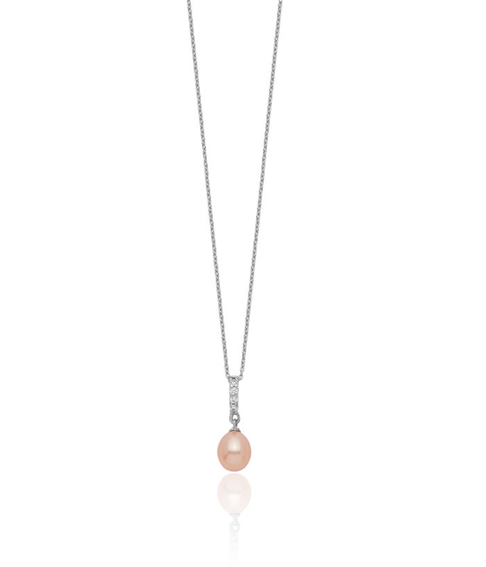 925 Sterling Silver 8mm Pink Teardrop Freshwater Cultured Pearl Cubic Zirconia CZ Necklace Chain