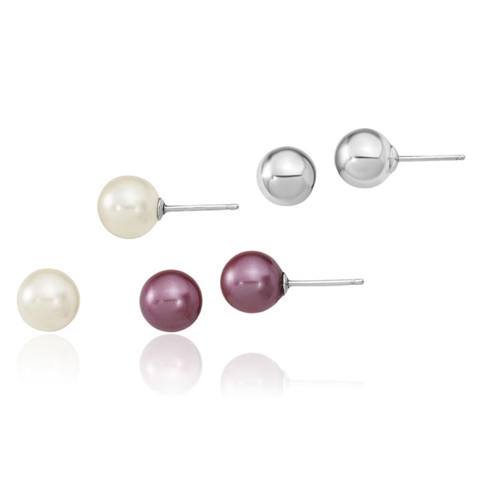 925 Sterling Silver 8mm Plum/wht Imitation Shell Pearl Post 3 Stud Earrings Set