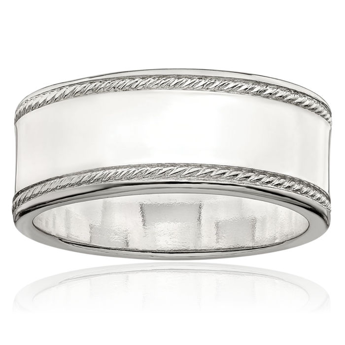 925 Sterling Silver 8mm Rope Edge Plain Classic Wedding Band Ring