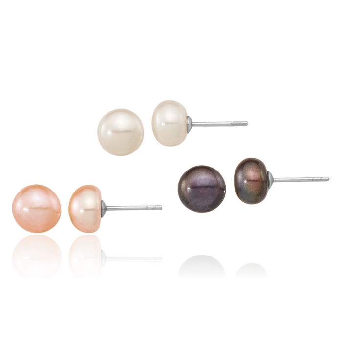 925 Sterling Silver 8mm White Black Pink Button Freshwater Cultured Pearl Set of 3 Stud Earrings