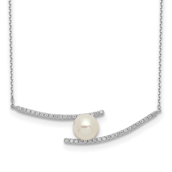 925 Sterling Silver 7mm White Button Freshwater Cultured Pearl Cubic Zirconia CZ Chain Bar Necklace