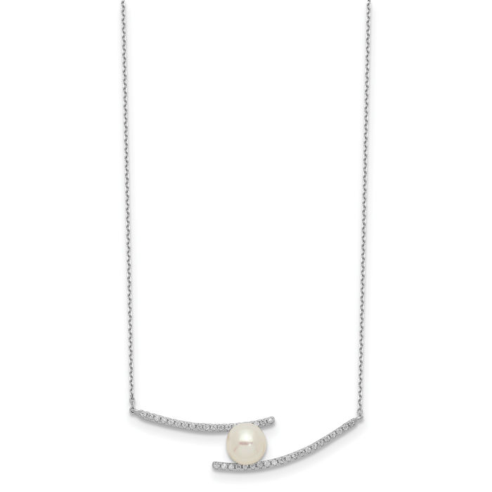 925 Sterling Silver 7mm White Button Freshwater Cultured Pearl Cubic Zirconia CZ Chain Bar Necklace