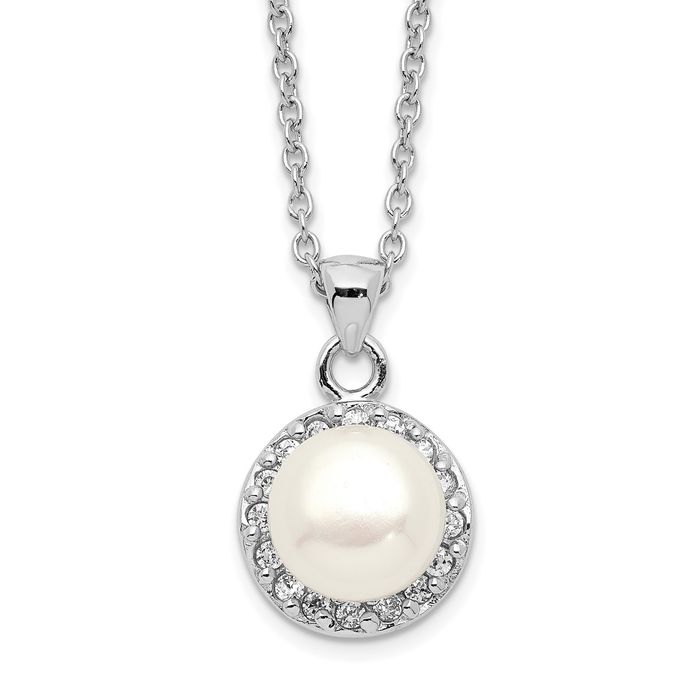 925 Sterling Silver 7mm White Button Freshwater Cultured Pearl Cubic Zirconia CZ Necklace Chain